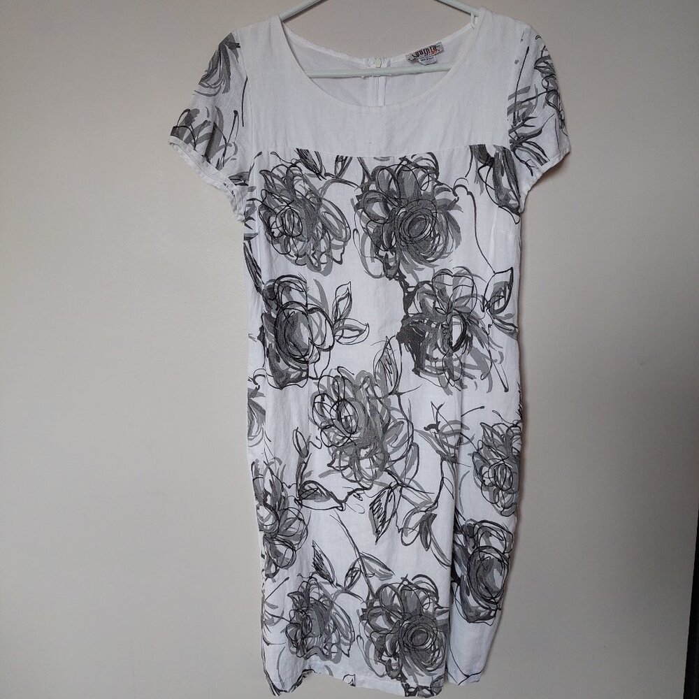 Lavinia Temple 100% Linen Short Sleeve Floral Midi Dress Italy Size L